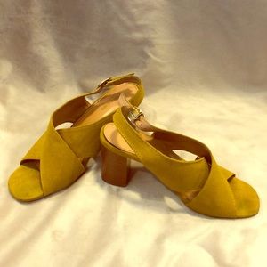Mustard yellow faux suede block heel